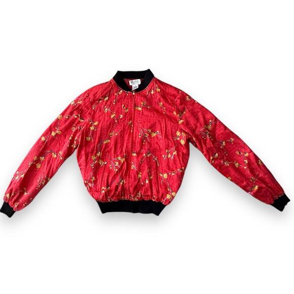 Allison Taylor Red Silk Cherry Blossom Bomber Jacket Size M full zip pocket - Picture 1 of 8